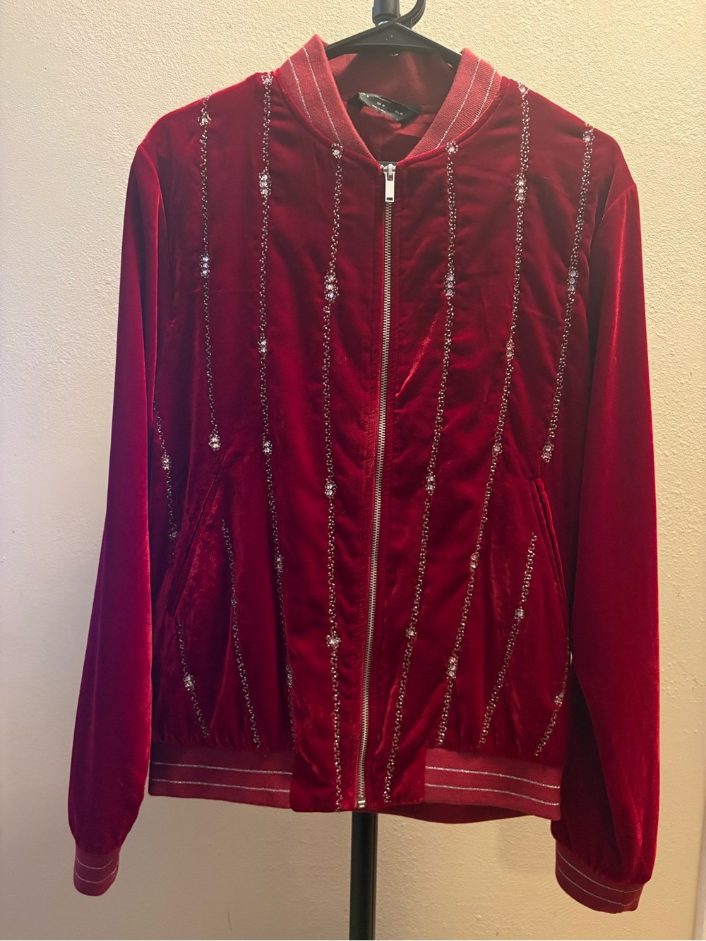 Red Velvet Bomber Jacket with Beaded Trim
